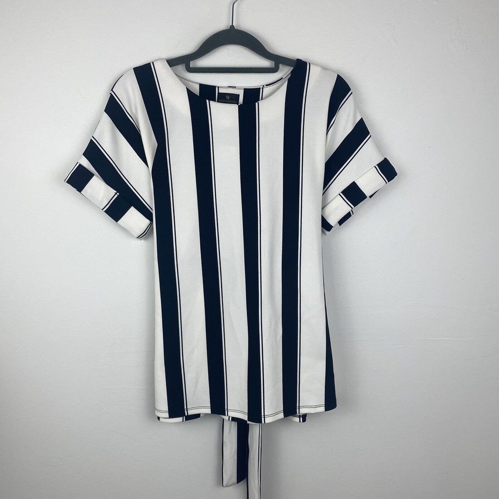 W. Worthington Petite Size PS Blouse Color Cream Black Strips Short Sleeves Tag.